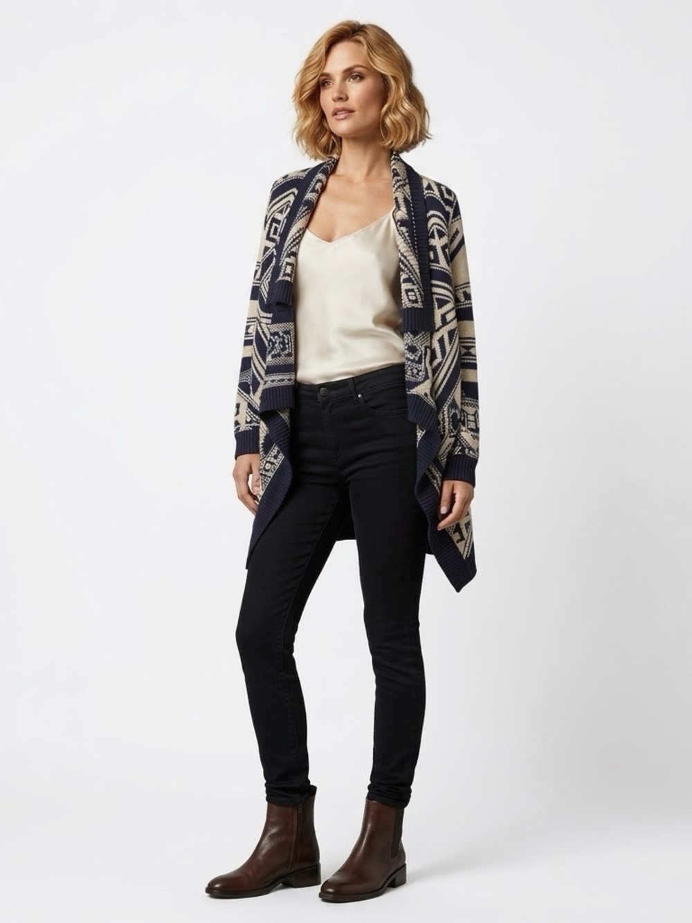 Charlotte Russe Navy and Cream Aztec Print Cardigan Sweater 100% acrylic
